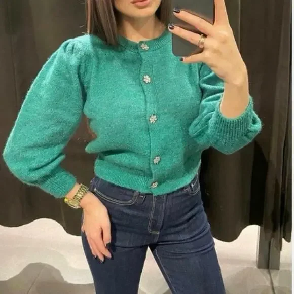 ZARA button up puff sleeve cropped cardigan sweater crew neck M, L, XL - Picture 2 of 5